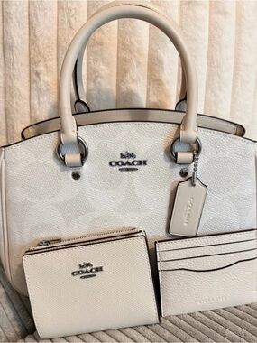 Coach Savannah Small Carryall CAL53 White Chalk 3PC Bag Wallet Card Case NWT